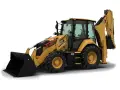 Żółta koparko-ładowarka marki CAT, model 432, gotowa do pracy na budowie.