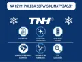 Grafika przedstawia kluczowe etapy serwisu układu klimatyzacji: diagnostykę, czyszczenie, napełnianie, wymianę elementów i filtrów oraz test szczelności.