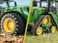 Zielony traktor John Deere z dużymi kołami i gąsienicami. Pokazuje, jak wygląda traktor w akcji na polu.