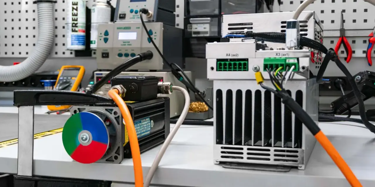 Warsztat z elektroniką, gdzie trwa eksploatacja maszyn. Widoczne silniki, zasilacze i narzędzia.