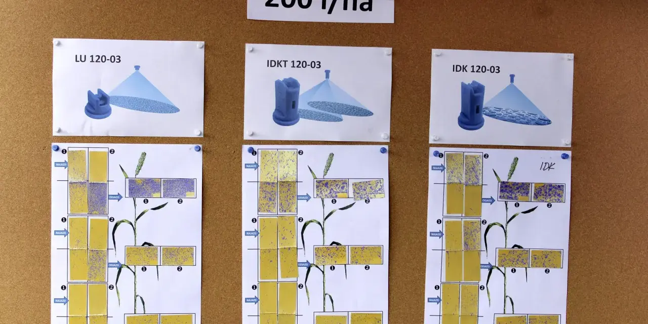 Testy rozpylaczy do oprysku zboża przy 200 l/ha. Pokazują rozmieszczenie cieczy roboczej.