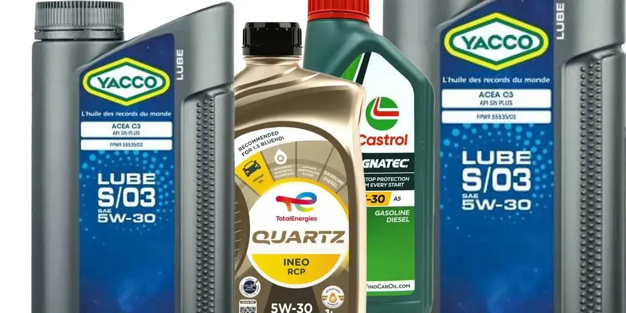 Butelki oleju silnikowego Yacco Lube S/03 5W-30, TotalEnergies Quartz INEO RCP 5W-30 i Castrol Magnatec 5W-30, wszystkie z normą ACEA C3.