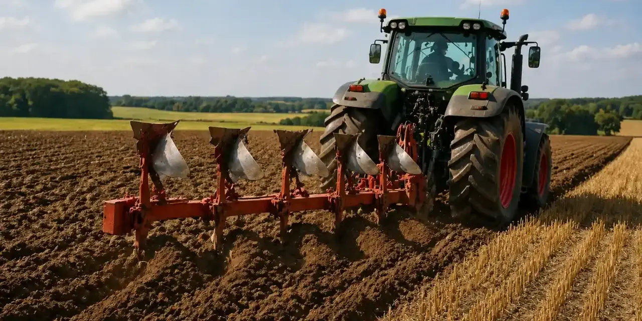 Zielony traktor z pługiem wykonuje oranie ziemi na polu. W tle widać las i błękitne niebo z chmurami.
