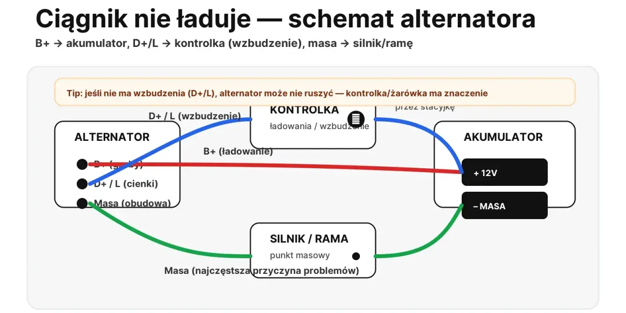 Schemat połączeń alternatora: wzbudzenie (D+/L) idzie do kontrolki, a masa do silnika. Brak wzbudzenia uniemożliwia ładowanie.
