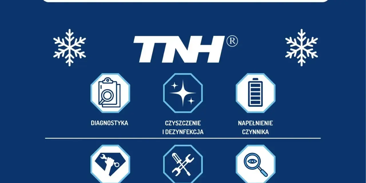 Grafika przedstawia kluczowe etapy serwisu układu klimatyzacji: diagnostykę, czyszczenie, napełnianie, wymianę elementów i filtrów oraz test szczelności.