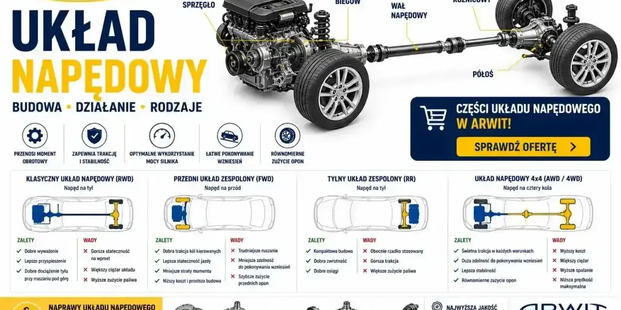 Schemat układu napędowego z silnikiem, skrzynią biegów i wałem napędowym. Pokazuje różne typy napędu: na tył, przód, tył i 4x4.