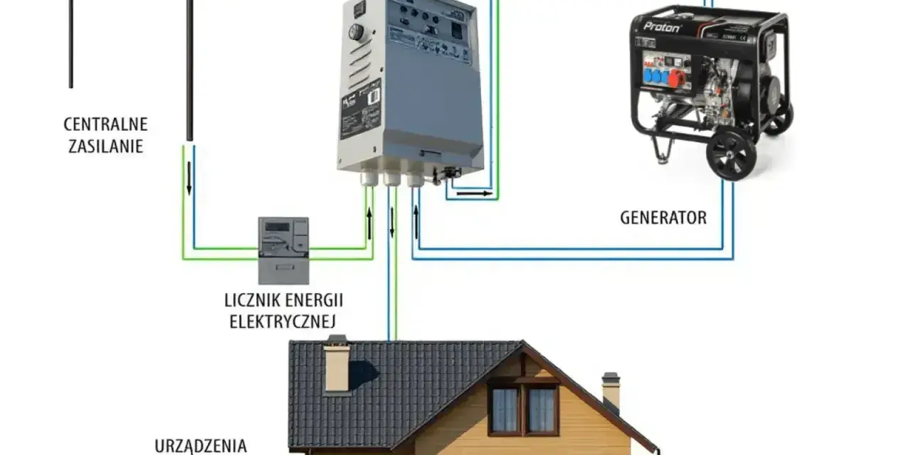Schemat automatycznego przełącznika faz (ATS) z generatorem. Pokazuje, jak sprawdzić, czy agregat ma AVR, podłączony do systemu ATS i zasilania.