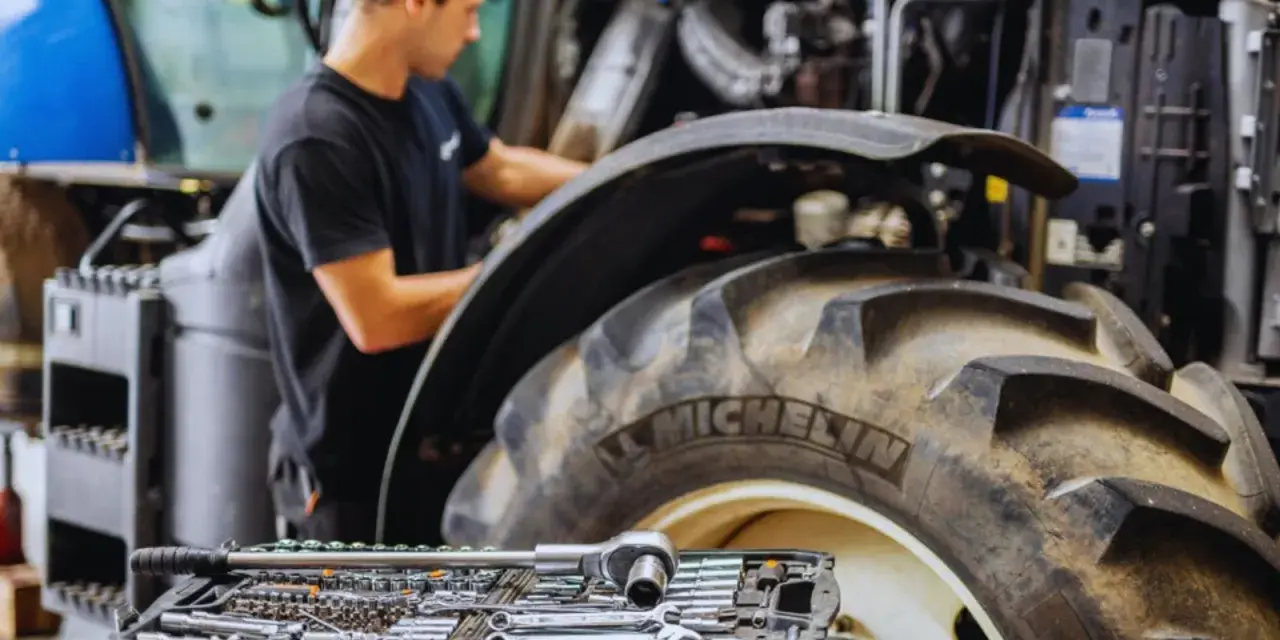 Mechanik pracuje przy traktorze, a obok leży walizka z narzędziami. Kluczowe dla sprawnej konserwacji maszyn rolniczych są regularne przeglądy.