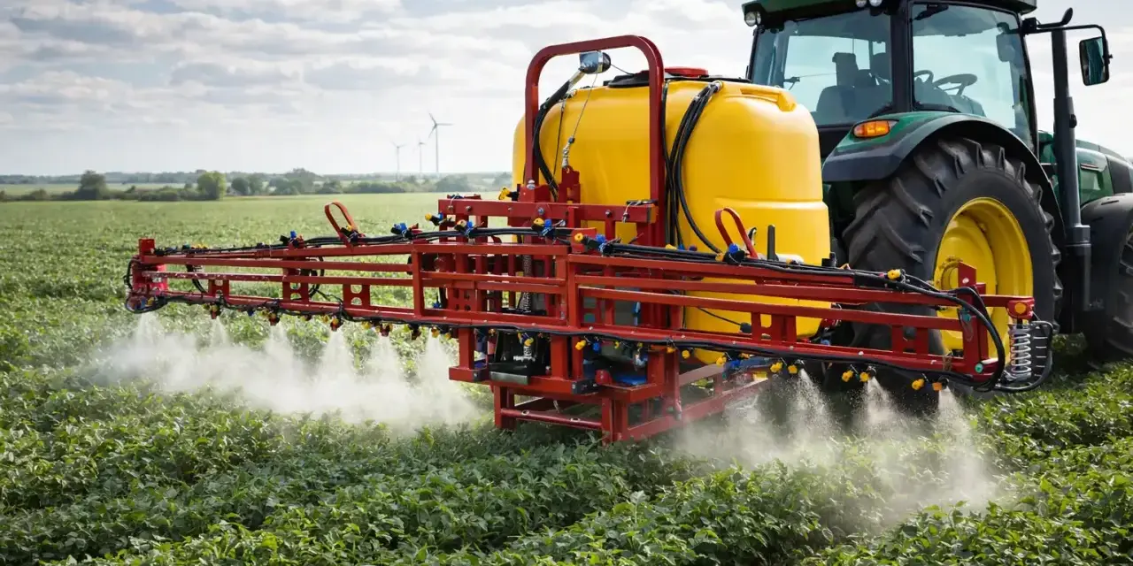 Zielony traktor z żółtym zbiornikiem i czerwonym ramieniem opryskującym pola. Producent opryskiwaczy dba o plony.