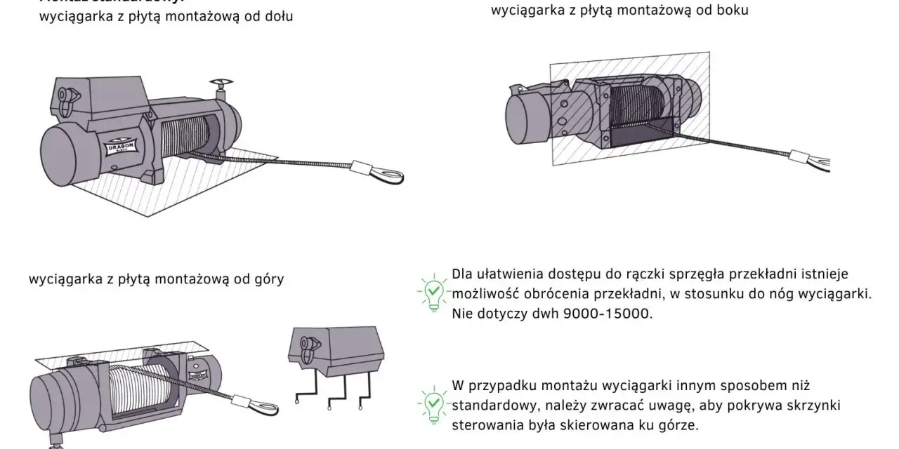 Ilustracje pokazują różne sposoby montażu wyciągarki do ciągnika, w tym od dołu, od góry i z boku.