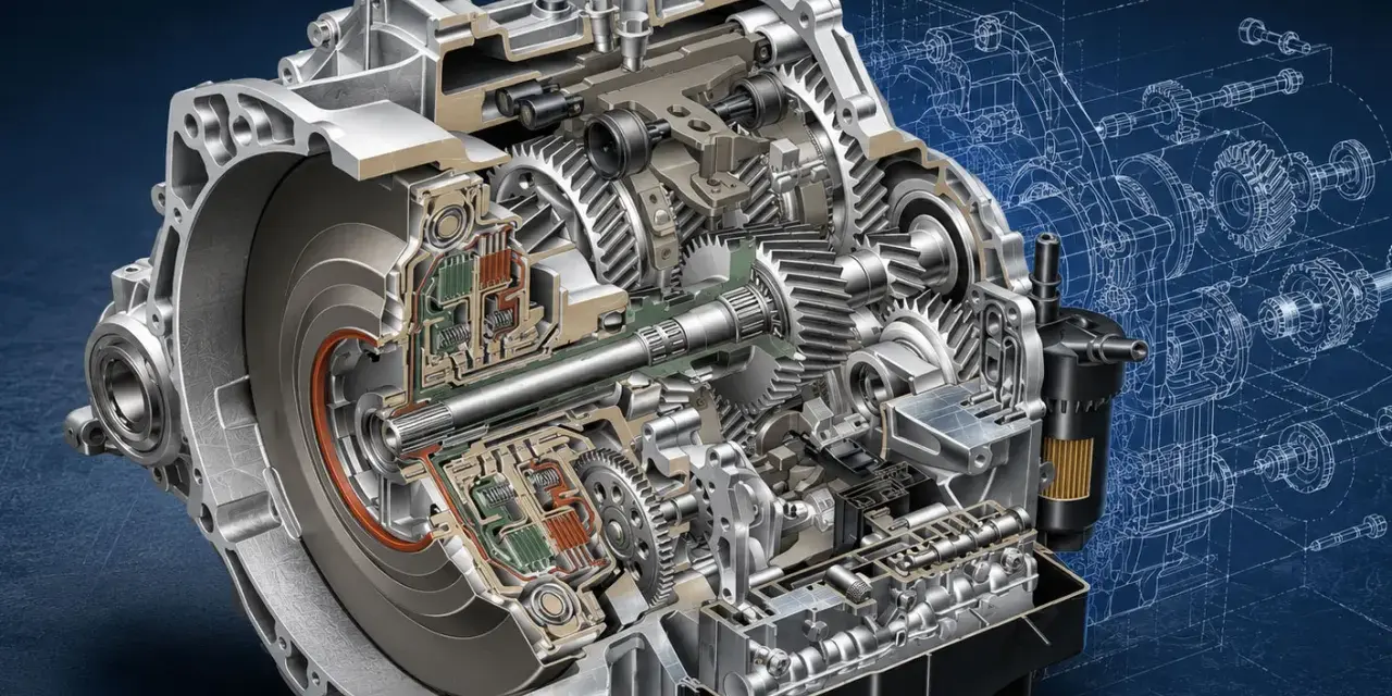Przekładnia automatyczna w przekroju, ukazująca skomplikowane mechanizmy i koła zębate. Widoczne są elementy sterujące i hydrauliczne, które umożliwiają płynną zmianę **półbiegów**.