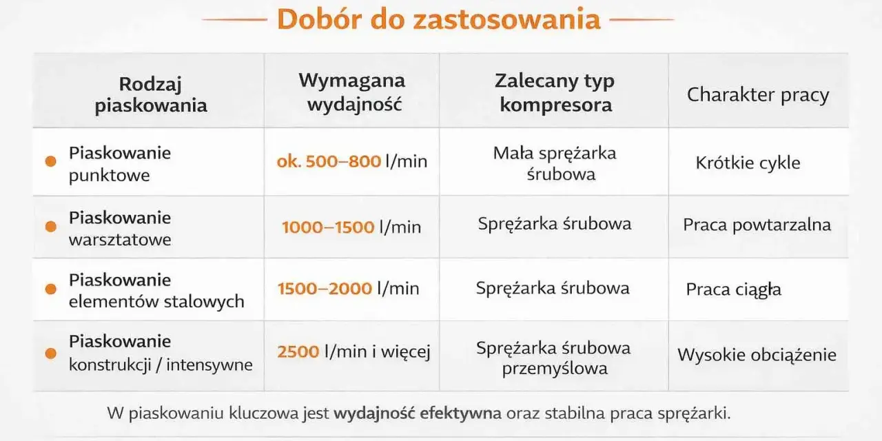 Tabela porównuje rodzaje piaskowania z wymaganą wydajnością i zalecanym typem kompresora, wyjaśniając zasadę działania sprężarki śrubowej w kontekście zastosowań.