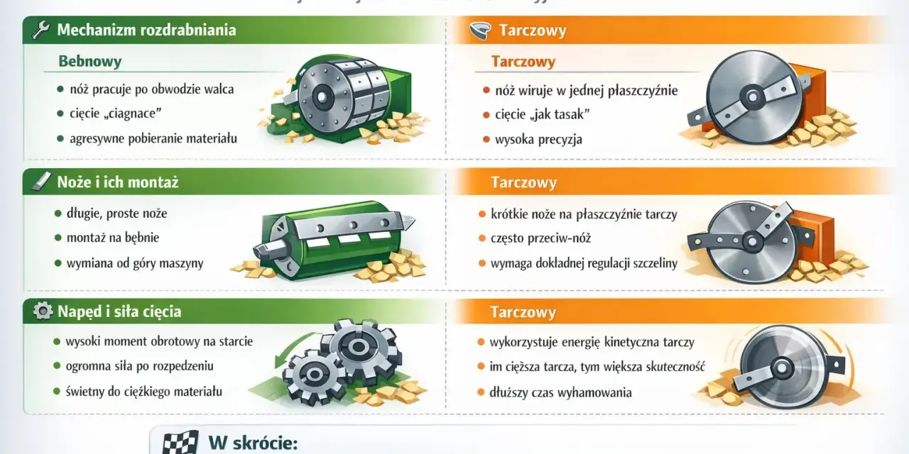 Ilustracja porównuje rębak bębnowy i tarczowy, pokazując ich mechanizmy, noże, napęd i siłę cięcia. Rębak bębnowy jest mocny i agresywny, tarczowy precyzyjny.