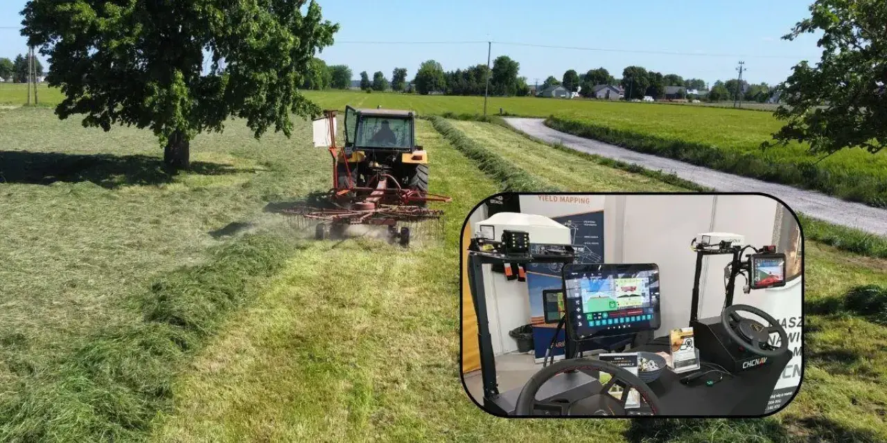 Tractor pracujący na polu, a w rogu symulator do rolnictwa precyzyjnego.