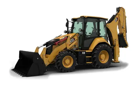 Żółta koparko-ładowarka marki CAT, model 432, gotowa do pracy na budowie.