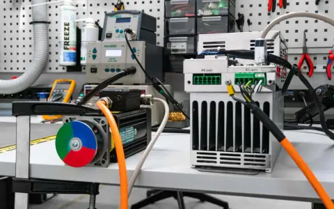 Warsztat z elektroniką, gdzie trwa eksploatacja maszyn. Widoczne silniki, zasilacze i narzędzia.