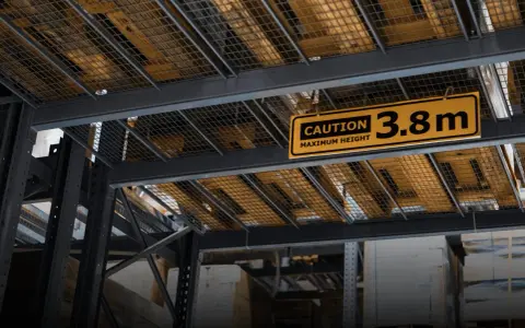 Oznakowanie "MAXIMUM HEIGHT 3.8m" przypomina o ograniczeniach wysokości, co jest kluczowe, gdy uczysz się, jak jeździć wózkiem widłowym w magazynie.