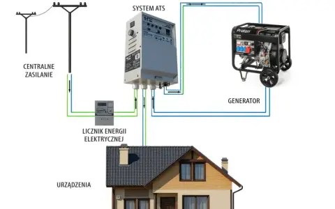 Schemat budowy agregatu prądotwórczego z systemem ATS, licznikiem energii i domem.