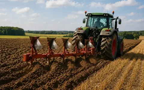 Zielony traktor z pługiem wykonuje oranie ziemi na polu. W tle widać las i błękitne niebo z chmurami.