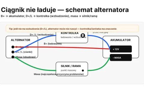 Schemat połączeń alternatora: wzbudzenie (D+/L) idzie do kontrolki, a masa do silnika. Brak wzbudzenia uniemożliwia ładowanie.