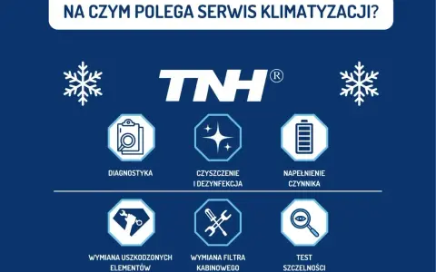 Grafika przedstawia kluczowe etapy serwisu układu klimatyzacji: diagnostykę, czyszczenie, napełnianie, wymianę elementów i filtrów oraz test szczelności.