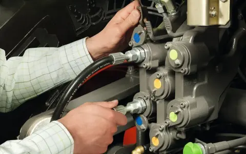 Ręce mechanika pracują przy skomplikowanym układzie hydraulicznym. Widać węże i zawory z kolorowymi oznaczeniami.