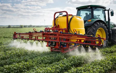 Zielony traktor z żółtym zbiornikiem i czerwonym ramieniem opryskującym pola. Producent opryskiwaczy dba o plony.