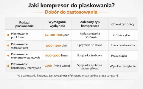 Tabela porównuje rodzaje piaskowania z wymaganą wydajnością i zalecanym typem kompresora, wyjaśniając zasadę działania sprężarki śrubowej w kontekście zastosowań.
