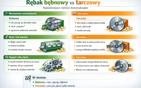 Ilustracja porównuje rębak bębnowy i tarczowy, pokazując ich mechanizmy, noże, napęd i siłę cięcia. Rębak bębnowy jest mocny i agresywny, tarczowy precyzyjny.