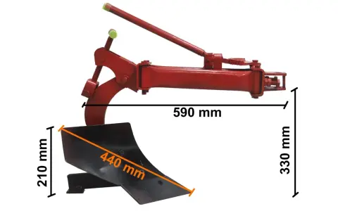 Czerwone elementy pługa, w tym redlica i rama, z widocznymi wymiarami: 590 mm, 210 mm, 440 mm i 330 mm.