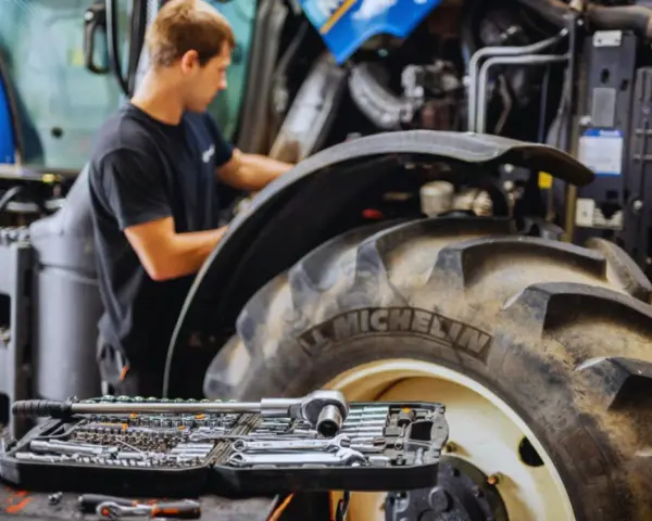Mechanik sprawdza poziom płynów eksploatacyjnych w traktorze, obok leży zestaw kluczy.