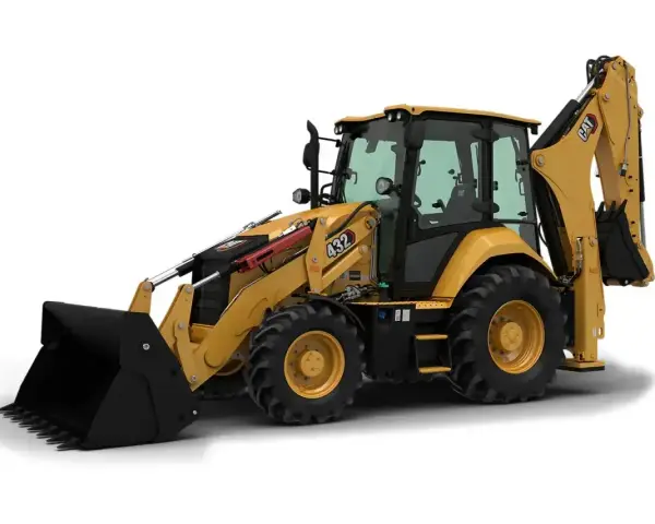 Żółta koparko-ładowarka marki CAT, model 432, gotowa do pracy na budowie.