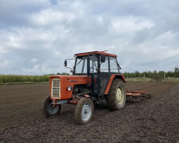 Pomarańczowy Ursus C-360 na polu, gotowy do pracy. Warto sprawdzić, ile oleju do silnika C-360 wlać przed sezonem.