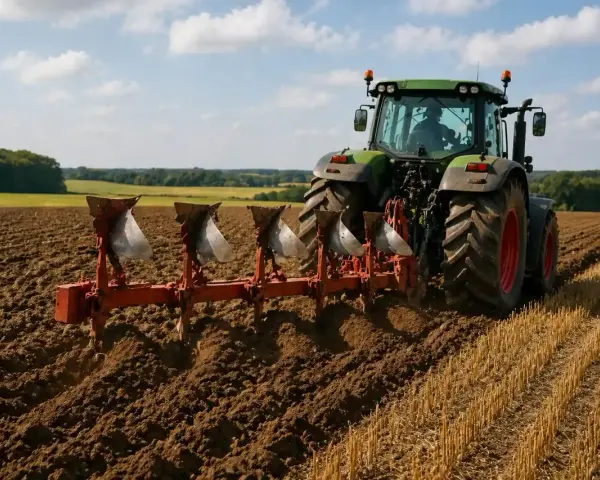 Zielony traktor z pługiem wykonuje oranie ziemi na polu. W tle widać las i błękitne niebo z chmurami.