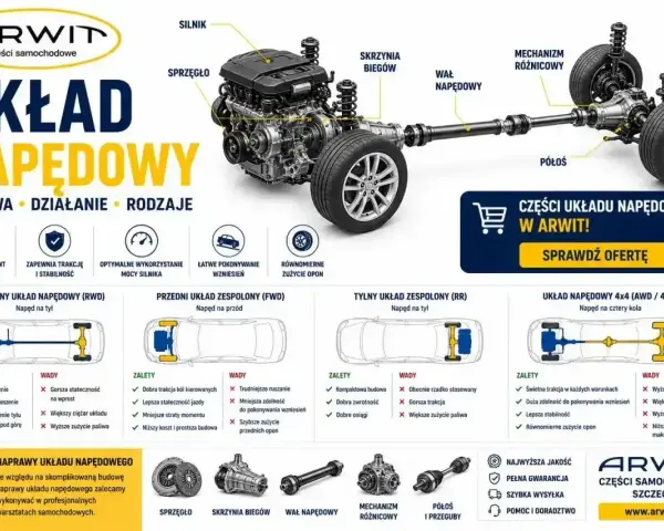 Schemat układu napędowego z silnikiem, skrzynią biegów i wałem napędowym. Pokazuje różne typy napędu: na tył, przód, tył i 4x4.