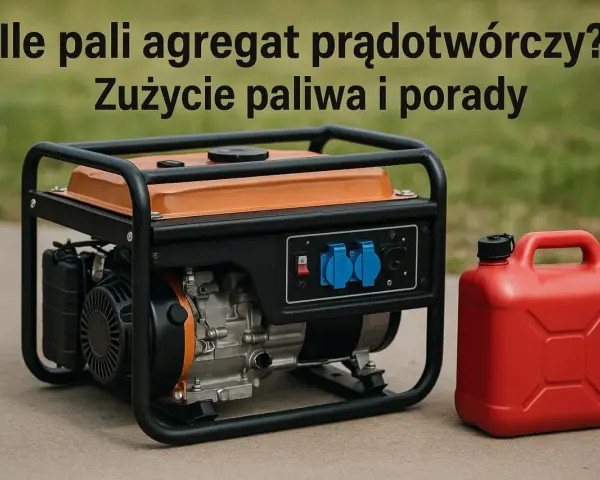 Agregat prądotwórczy obok czerwonego kanistra. Dowiedz się, ile paliwa zużywa agregat prądotwórczy i jak oszczędzać.
