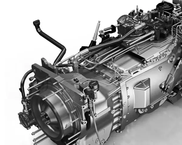 Skrzynia hydrostatyczna zasada działania: złożony mechanizm z licznymi przewodami hydraulicznymi i elementami sterującymi, pokazujący przepływ mocy.