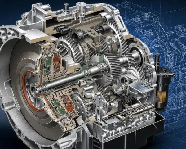 Przekładnia automatyczna w przekroju, ukazująca skomplikowane mechanizmy i koła zębate. Widoczne są elementy sterujące i hydrauliczne, które umożliwiają płynną zmianę **półbiegów**.