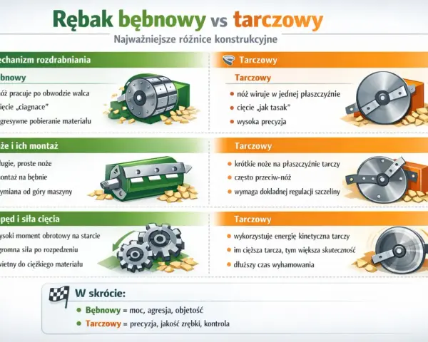 Ilustracja porównuje rębak bębnowy i tarczowy, pokazując ich mechanizmy, noże, napęd i siłę cięcia. Rębak bębnowy jest mocny i agresywny, tarczowy precyzyjny.
