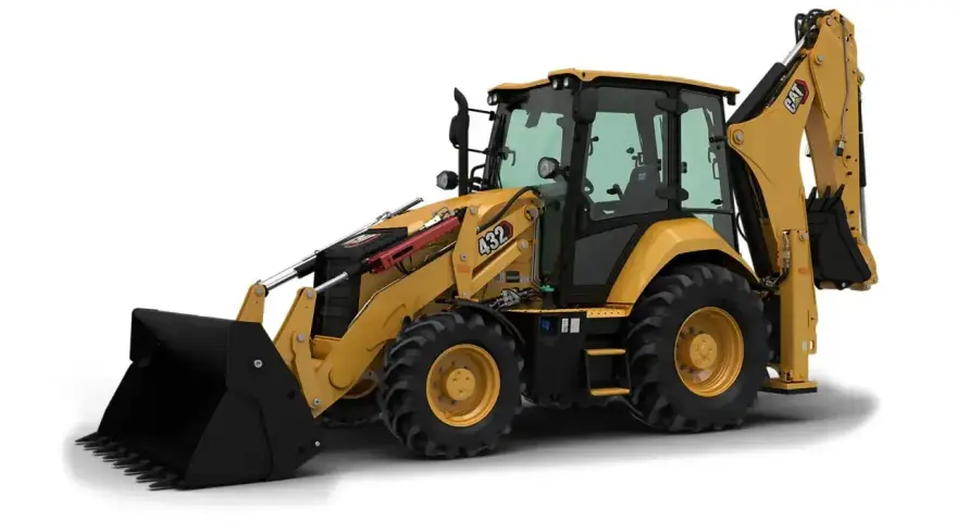 Żółta koparko-ładowarka marki CAT, model 432, gotowa do pracy na budowie.