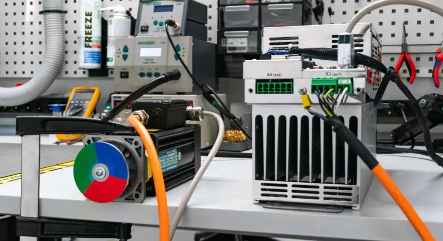 Warsztat z elektroniką, gdzie trwa eksploatacja maszyn. Widoczne silniki, zasilacze i narzędzia.