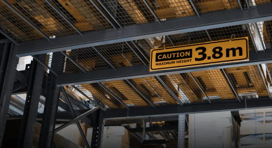 Oznakowanie "MAXIMUM HEIGHT 3.8m" przypomina o ograniczeniach wysokości, co jest kluczowe, gdy uczysz się, jak jeździć wózkiem widłowym w magazynie.