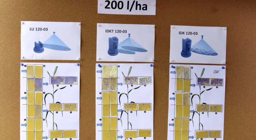 Testy rozpylaczy do oprysku zboża przy 200 l/ha. Pokazują rozmieszczenie cieczy roboczej.