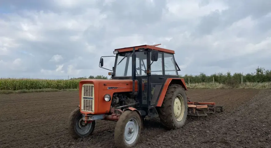 Pomarańczowy Ursus C-360 na polu, gotowy do pracy. Warto sprawdzić, ile oleju do silnika C-360 wlać przed sezonem.