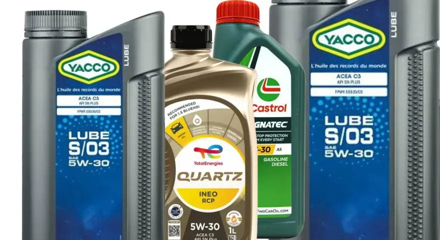 Butelki oleju silnikowego Yacco Lube S/03 5W-30, TotalEnergies Quartz INEO RCP 5W-30 i Castrol Magnatec 5W-30, wszystkie z normą ACEA C3.