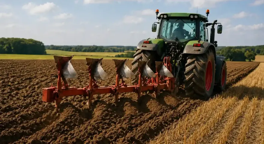 Zielony traktor z pługiem wykonuje oranie ziemi na polu. W tle widać las i błękitne niebo z chmurami.