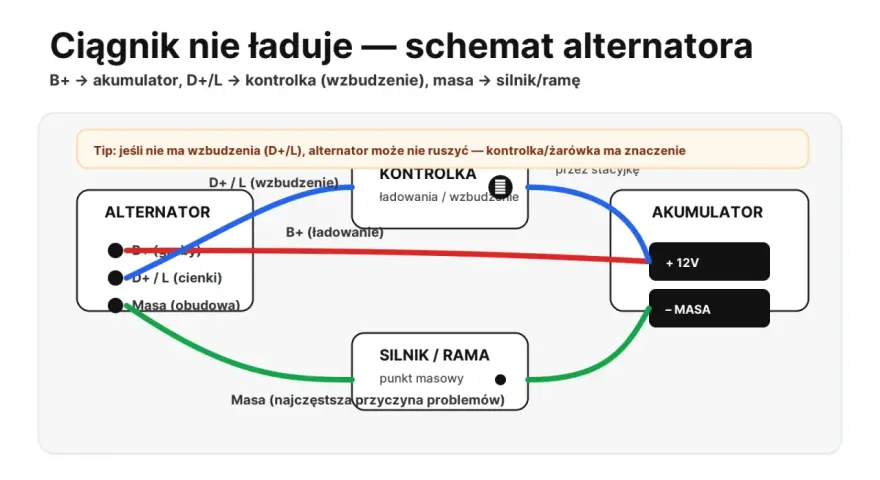 Schemat połączeń alternatora: wzbudzenie (D+/L) idzie do kontrolki, a masa do silnika. Brak wzbudzenia uniemożliwia ładowanie.