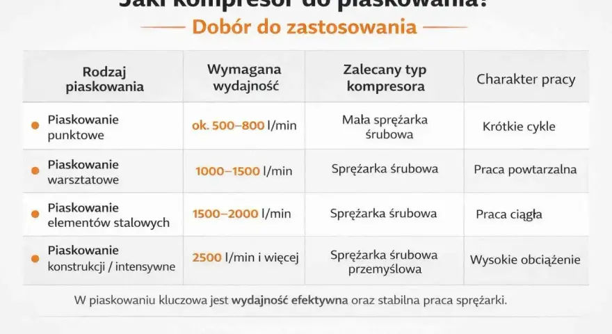 Tabela porównuje rodzaje piaskowania z wymaganą wydajnością i typem sprężarki. Dowiedz się, jaka sprężarka co to za urządzenie, jest najlepsza do Twoich potrzeb.