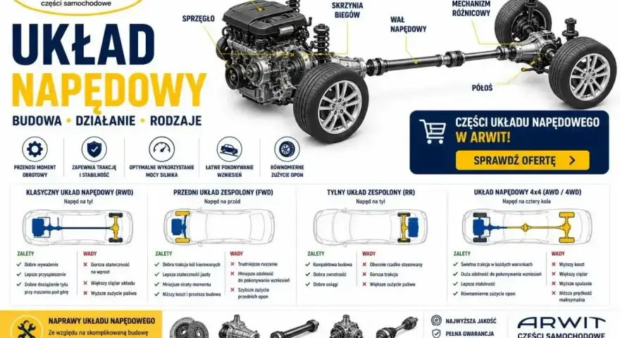 Schemat układu napędowego z silnikiem, skrzynią biegów i wałem napędowym. Pokazuje różne typy napędu: na tył, przód, tył i 4x4.