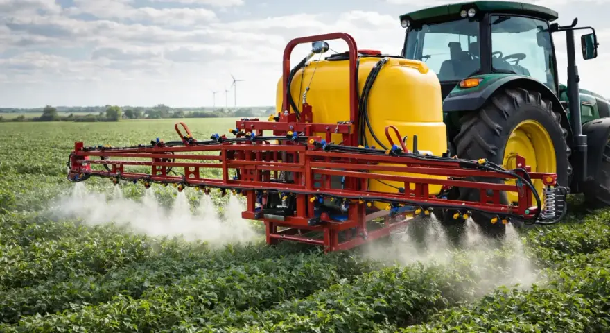 Zielony traktor z żółtym zbiornikiem i czerwonym ramieniem opryskującym pola. Producent opryskiwaczy dba o plony.